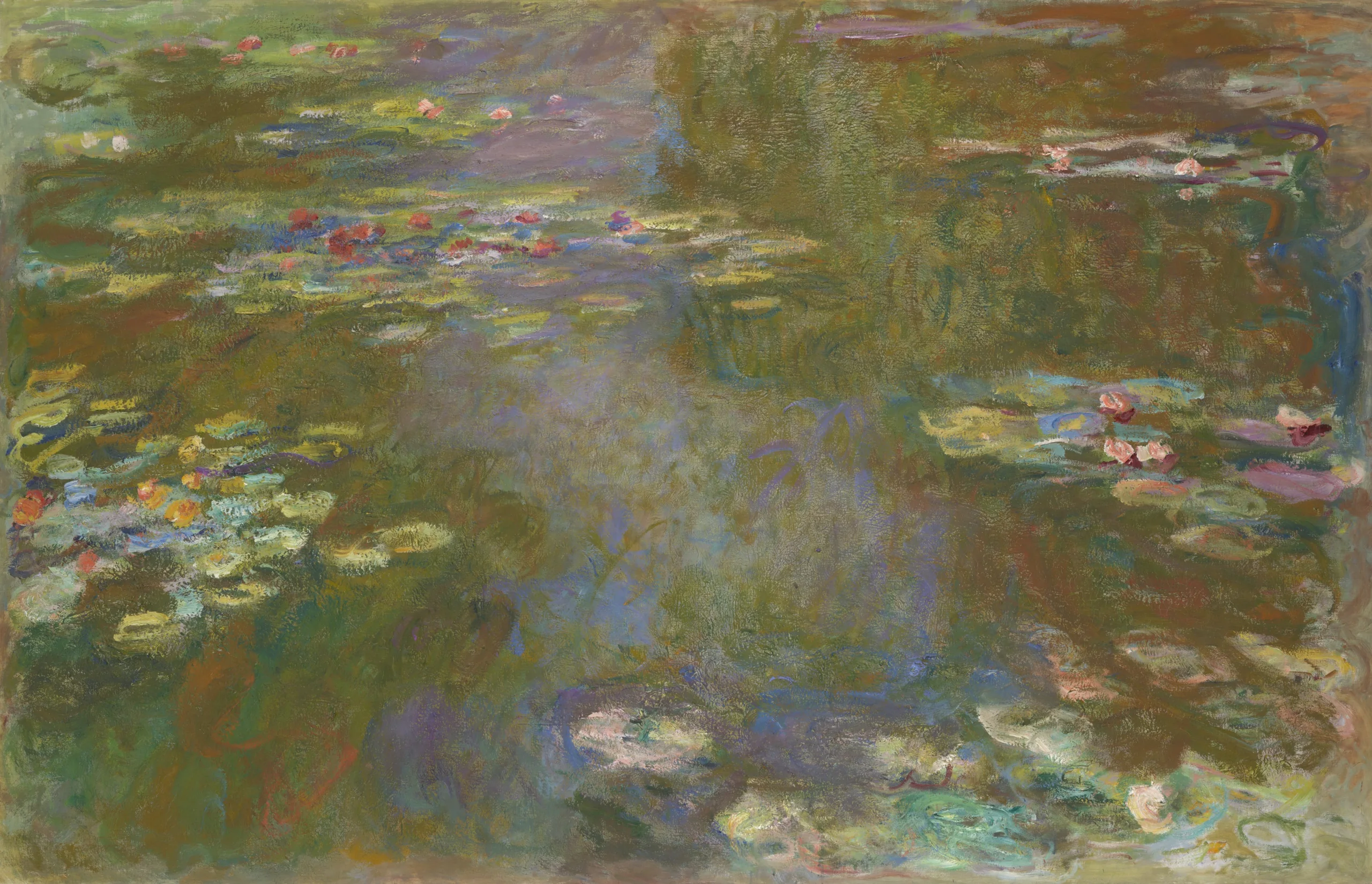 Water Lily Pond, a late painting by Claude Monet of lily pads drifting on dark water